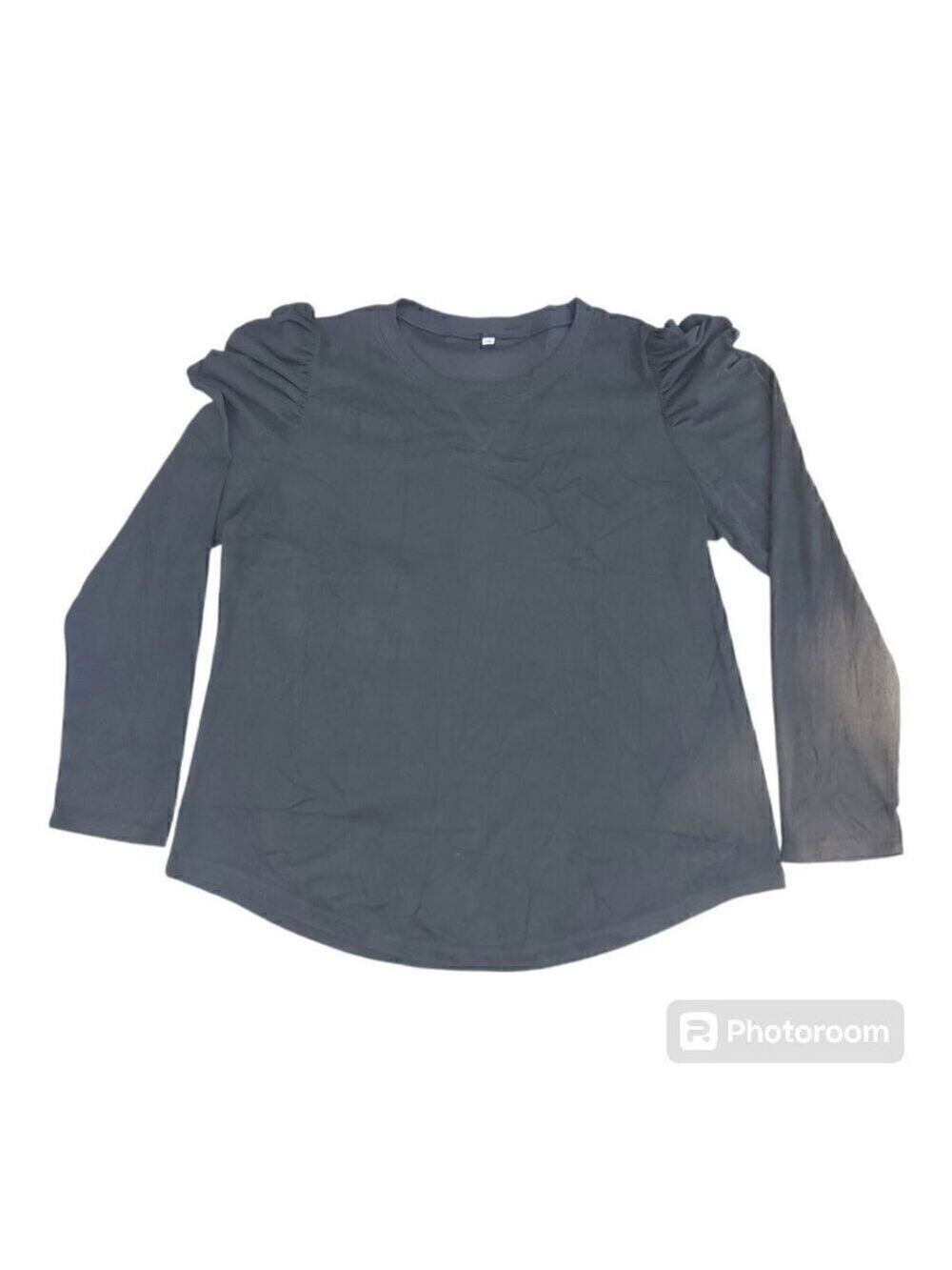 Women's Black Polyester Blend Long-Sleeved Shirt W/Puffy Ruched Shoulders, 2XL